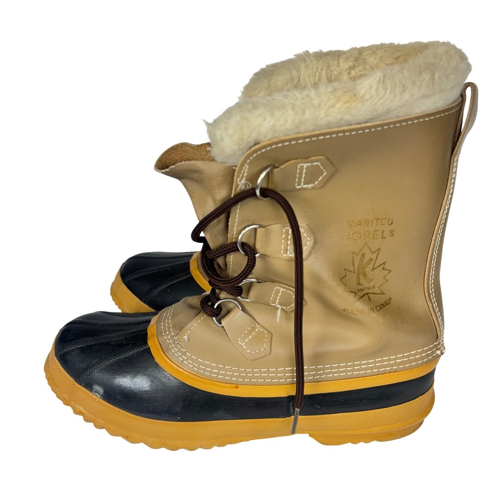 Sorel Snow Boots Tan Brown Leather Heavy Duty Rubber Faux Fur Winter Mens 9